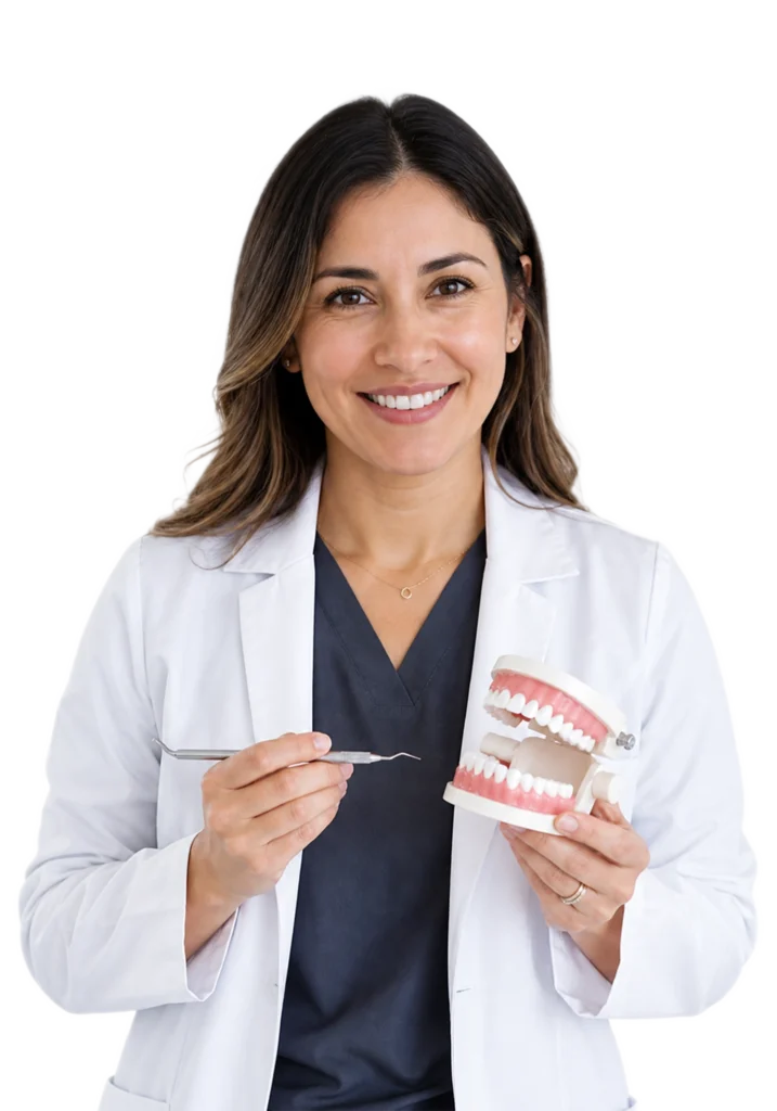Friendly female dentist holding a dental model and dental tool while naturally demonstrating teeth with a warm, confident smile.